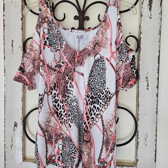 VENUS-Women`s Animal Print Cold Shoulder Top -Shirt  XS - Picture 1 of 7